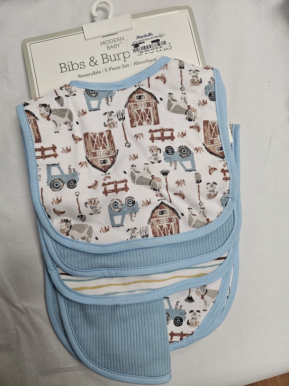 Blue Farm Print Reversible Bibs & Burp Cloth 5 Piece Set